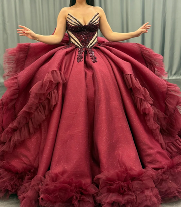 Princess Burgundy Quinceanera Dresses Beaded Appliques Tulle Sweet 16 Party Prom Ball Gown HZ1023